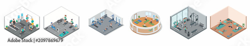 Isometric gym and fitness club interior design concepts with people exercising
