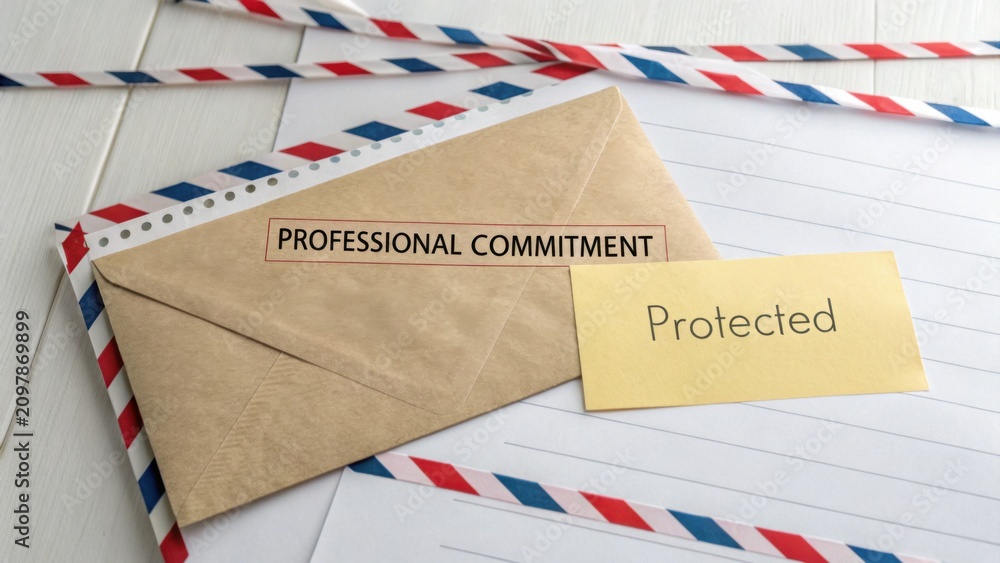 Fototapeta premium Brown envelope with letter, professional commitment note, and blank sheet near colorful paper strips on wooden table