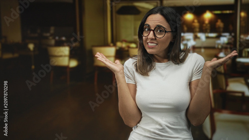 Quadro su tela Woman with glasses shrugs with palms up in building dining room with white shirt visible; confusion hesitation