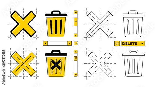 Foto Delete and Cancel Icons: Trash Can and Cross Mark, Blueprint Style