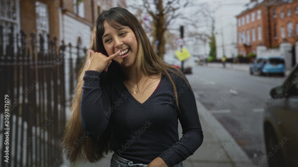 Fototapeta premium Woman with hand to ear in phone call gesture smiling by an iron fence and parked car on a street; playful invitation.