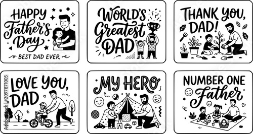 Fathers day calligraphy quotes. Hand drawn fathers day quote cards, best dad lettering vector illustration set. Happy fathers day calligraphy phrases