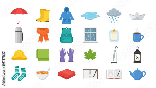 Autumn Weather Essentials: A collection of colorful icons representing items for rainy and cold weather, perfect for depicting fall activities and protection.