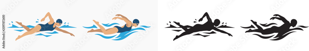 Fototapeta premium Set of swimming athlete icons and illustrations depicting freestyle strokes in water for sports and fitness branding