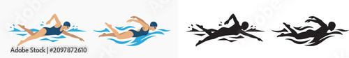 Fotografie Set of swimming athlete icons and illustrations depicting freestyle strokes in w