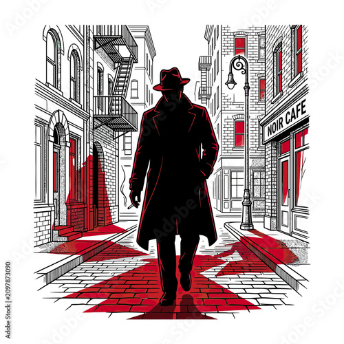 Φωτογραφία Mysterious Man in Fedora and Trench Coat Walking Down Gritty City Street
