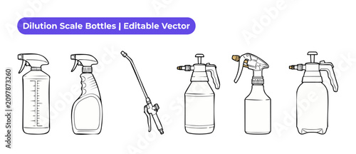 Фотография Spray bottle vector outline icons set with dilution scale, garden pump sprayer,
