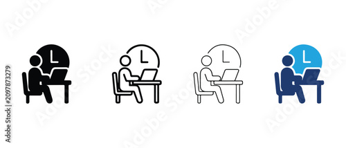 people sitting at desks with laptops and clocks above them in different colors and line styles for business and productivity concepts  remote work and time management