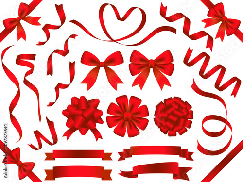 Set of decorative red satin bows, ribbon swirls and corner elements for holiday design