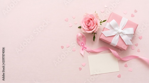 Pink awareness ribbon with rose and gift box on pastel background for charity support