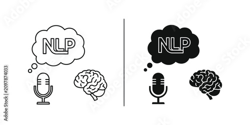 Tableau sur toile Natural language processing concept set featuring human brain and microphone sym