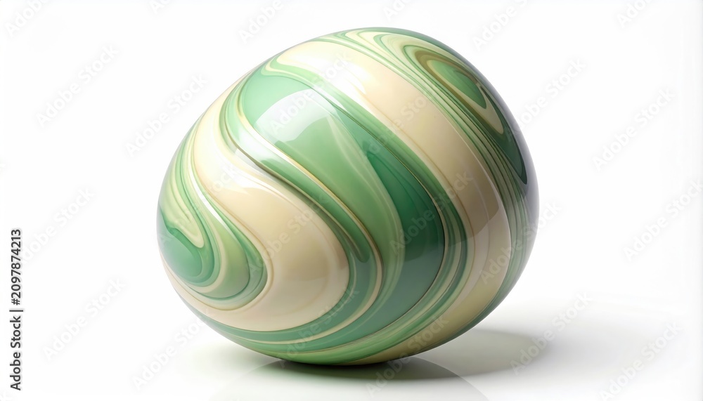 Obraz premium Swirling green and cream marbled egg on a white background