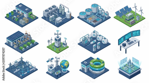Isometric illustration of sustainable energy and smart city concepts.