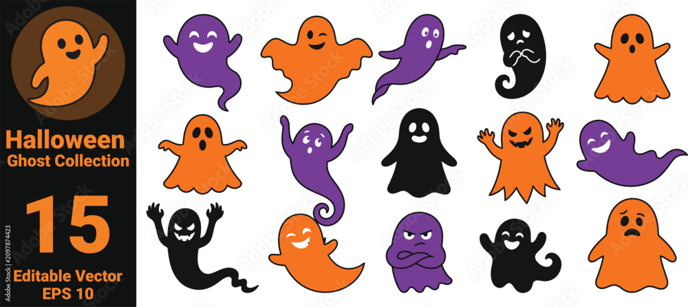 Obraz premium Halloween Ghost Collection with 15 Cute and Funny Spooky Characters, Editable Vector EPS 10 Clipart Bundle for Cricut, Stickers, Sublimation, Crafts and T Shirt Designs