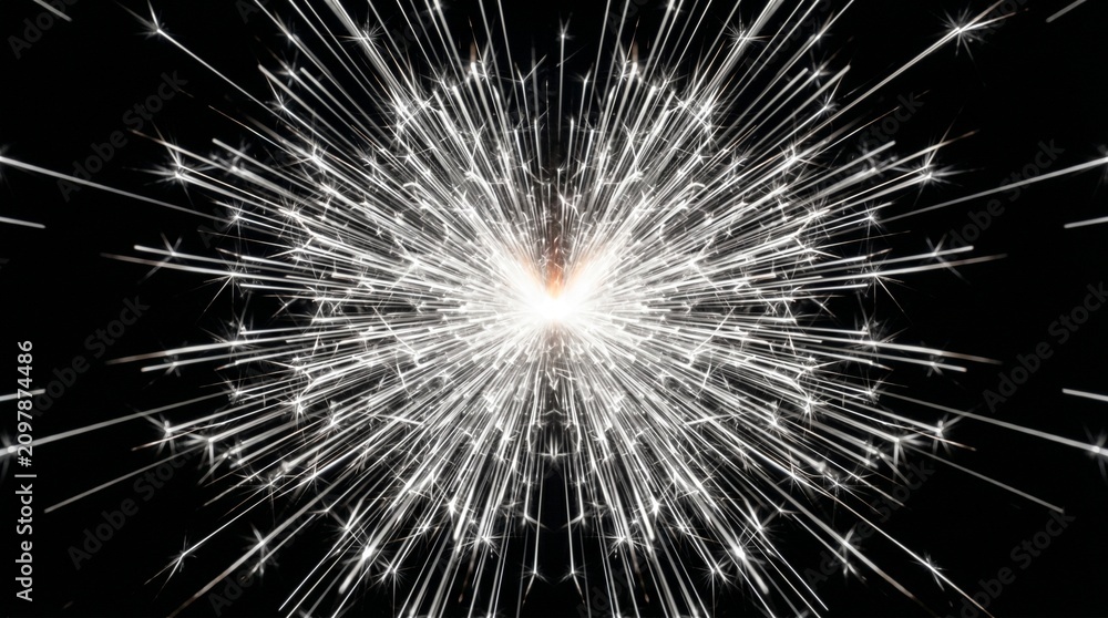 Obraz premium Sparkler emits a brilliant burst of white light and silver streaks in a festive display against a solid black background.
