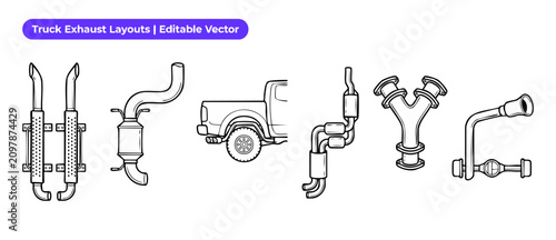 Foto Truck exhaust system vector icons set with muffler pipes and layouts for pickup truck maintenance, custom exhaust diagrams, car mechanics, catalytic converter parts, and automotive design