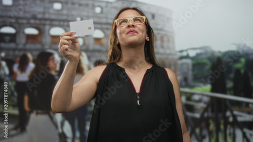Obraz na plátne Woman smiling wearing glasses and black sleeveless top holding a white chip card raised amid tourist crowd at the roman coliseum building; travel confidence
