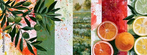 Abstract Italian Flag Collage with Olives and Citrus Fruits in Vivid Colors