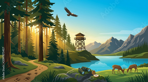 Quadro su tela Serene mountain wilderness landscape featuring a lookout tower and wildlife in a