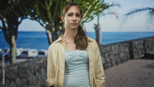 Canvas Print Woman closing eyes and lowering head on a seaside street with stone wall and palm trees, visible shoulder and upper chest; quiet melancholy