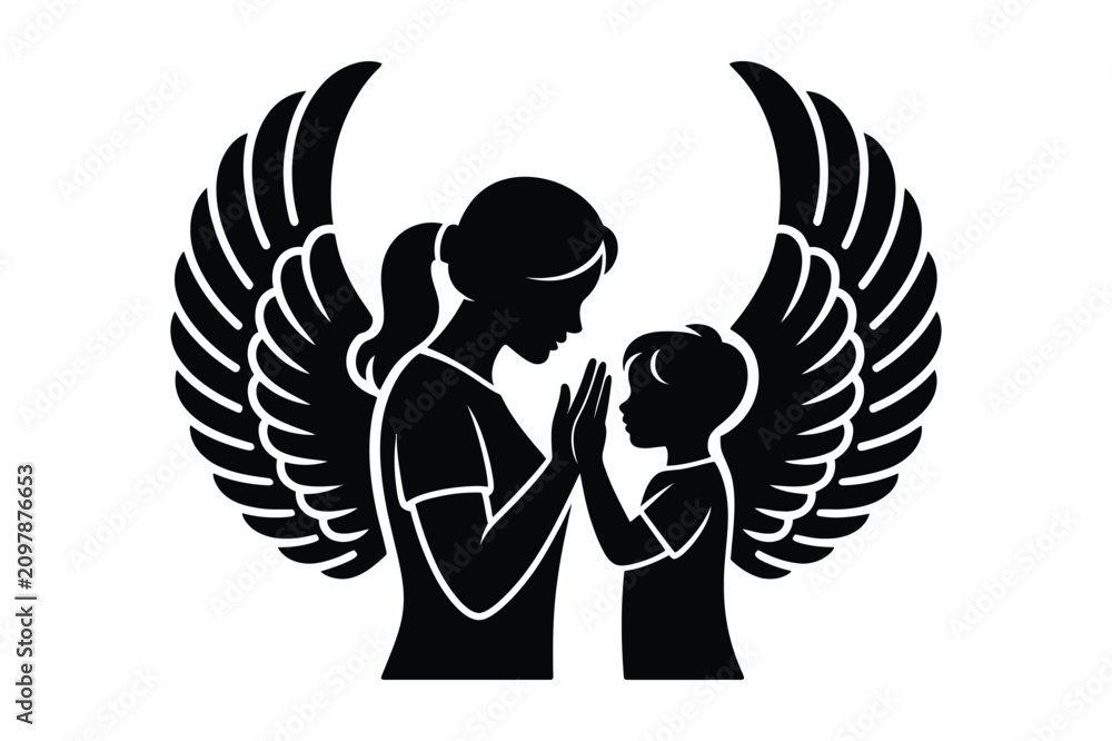 Obraz premium Silhouette illustration of a mother and child with angel wings facing each other