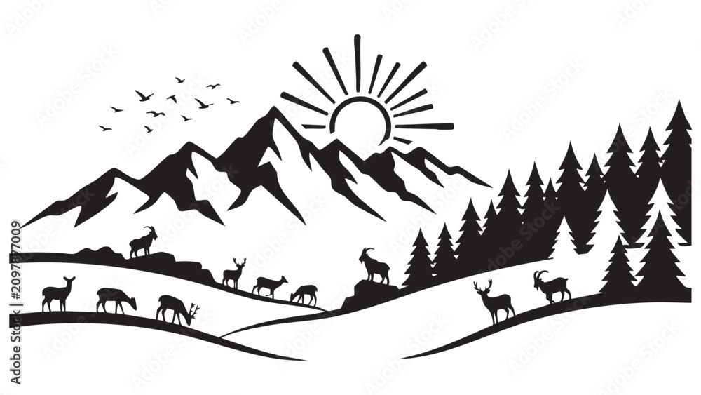 Fototapeta premium Minimalist Black And White Mountain Landscape Silhouette Featuring Grazing Deer Pine Forest And Radiant Rising Sun Vector Design For Vinyl Cutting