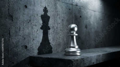Pawn stands on a concrete ledge casting a long shadow of a king to illustrate leadership potential.
