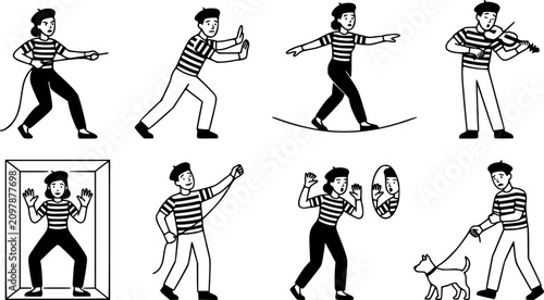 Mimes characters. Silent actors, pantomime and comedy performing, funny mimic poses. Male and female mimes characters vector illustration set