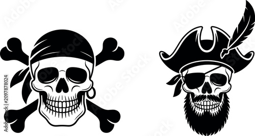 Photos Pirate skull with crossbones and bearded captain icon vector set isolated on whi
