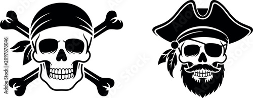 Konstfotografi Pirate skull with crossbones and jolly roger captain vector illustration set iso