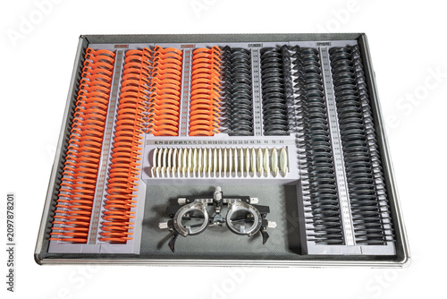 Schilderij op canvas Optometrist trial lens set with sphere cylinder diopter values