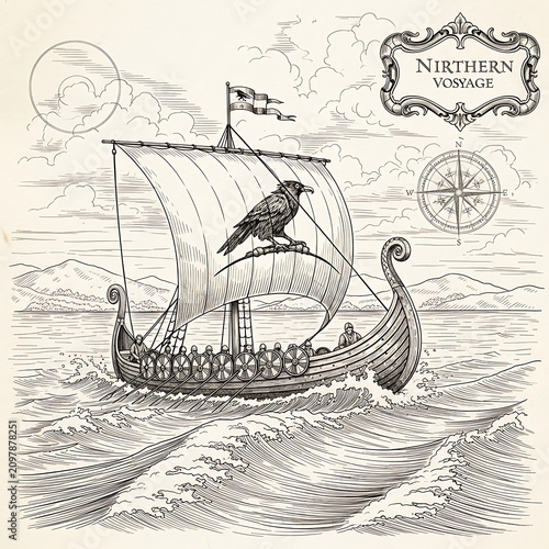 Antique sailing ship Northern Voyage illustration vintage.