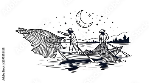 Photos Fishermen Casting Nets at Night on Calm Water Under Crescent Moon and Stars
