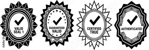 Tableau sur toile Vintage black certificate ribbon seal vector set featuring guaranteed valid authenticated and certified true checkmark frame stamp graphics