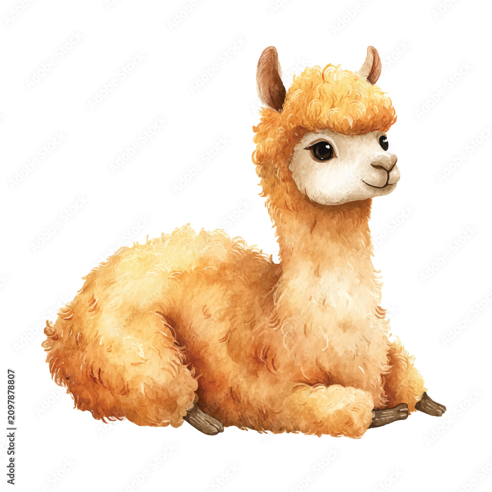Naklejka premium Cute Furry Little Alpaca Sitting Down.