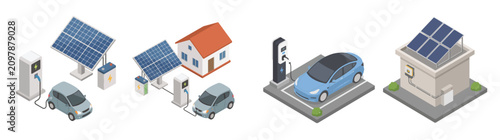 Isometric illustration of electric vehicle charging stations, solar panels, eco friendly smart home power systems, and electric cars