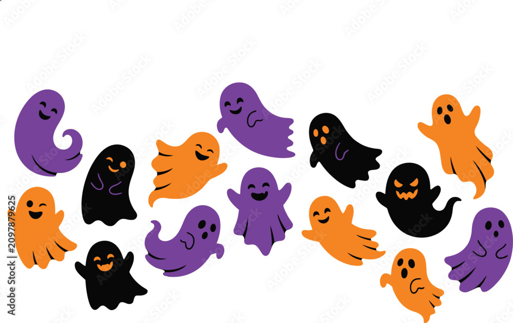 Naklejka premium Set of cute cartoon ghosts isolated on a white background for fun holiday party invitations or festive seasonal children crafts.
