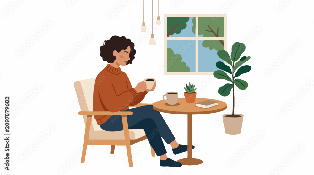 Fototapeta premium Woman enjoying coffee in a cozy armchair by a window with plants and a book on the table Isolated on white background
