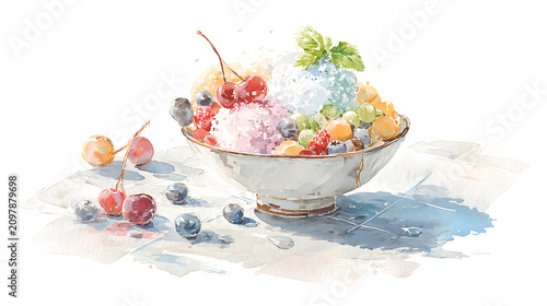 Fresh Fruit Bingsu Watercolor Illustration, AI Generated