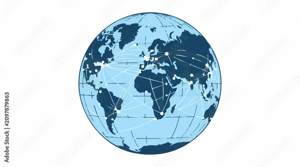 Fototapeta premium Global network connections illustrated on a light blue earth globe with dark blue continents and white connecting lines Isolated on white background