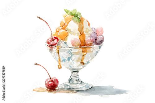 Korean Bingsu Sundae with Fresh Fruit Watercolor Illustration, AI Generated