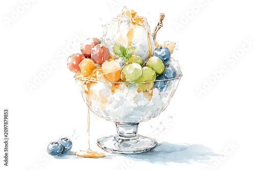 Fresh Fruit Korean Bingsu Sundae Watercolor Illustration, AI Generated