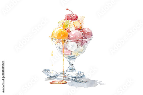 Colorful Korean Fruit Bingsu in Glass Bowl Watercolor Illustration, AI Generated
