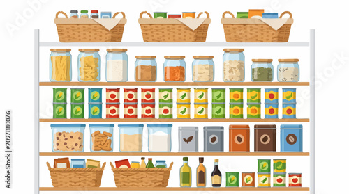 Pantry shelves stocked with jars, cans, and baskets of food and ingredients Isolated on white background