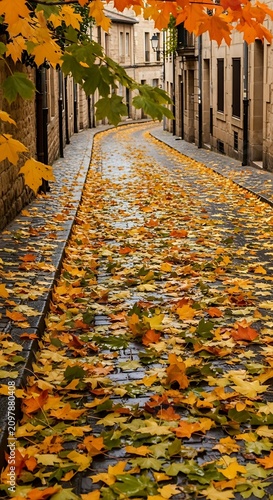 Autumn pathway lined with colorful falling leaves.