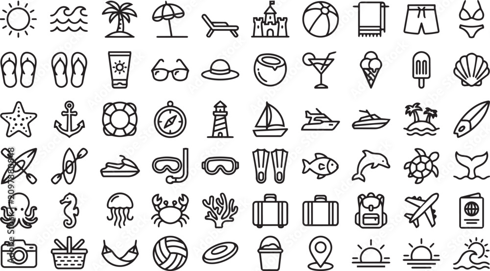Fototapeta premium Summer Vacation Outline Icon Set - Beach, Travel, Tropical Holiday, Camping, Marine Life and Leisure Line Vector Collection