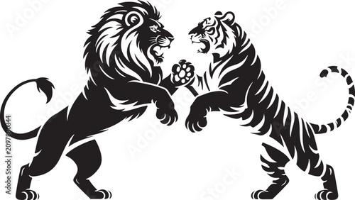 Tableau sur toile Lion And Tiger Silhouette Vector Illustration Black And White Design