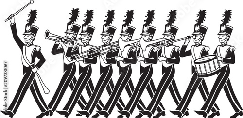 Foto Marching band silhouette on white background with instruments and feathered hats