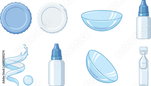 Fotografía Contact Lens Care Accessories Vector Collection with Lens Case Solution Bottle C