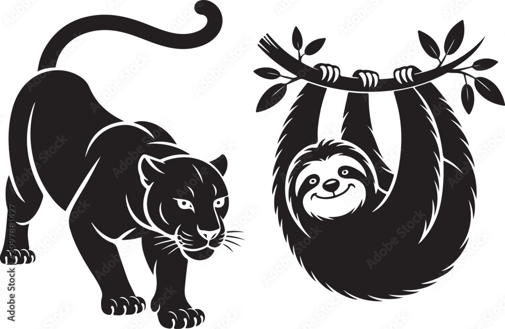 Obraz premium Black Panther And Sloth Silhouette Vector Icons For Wildlife Designs